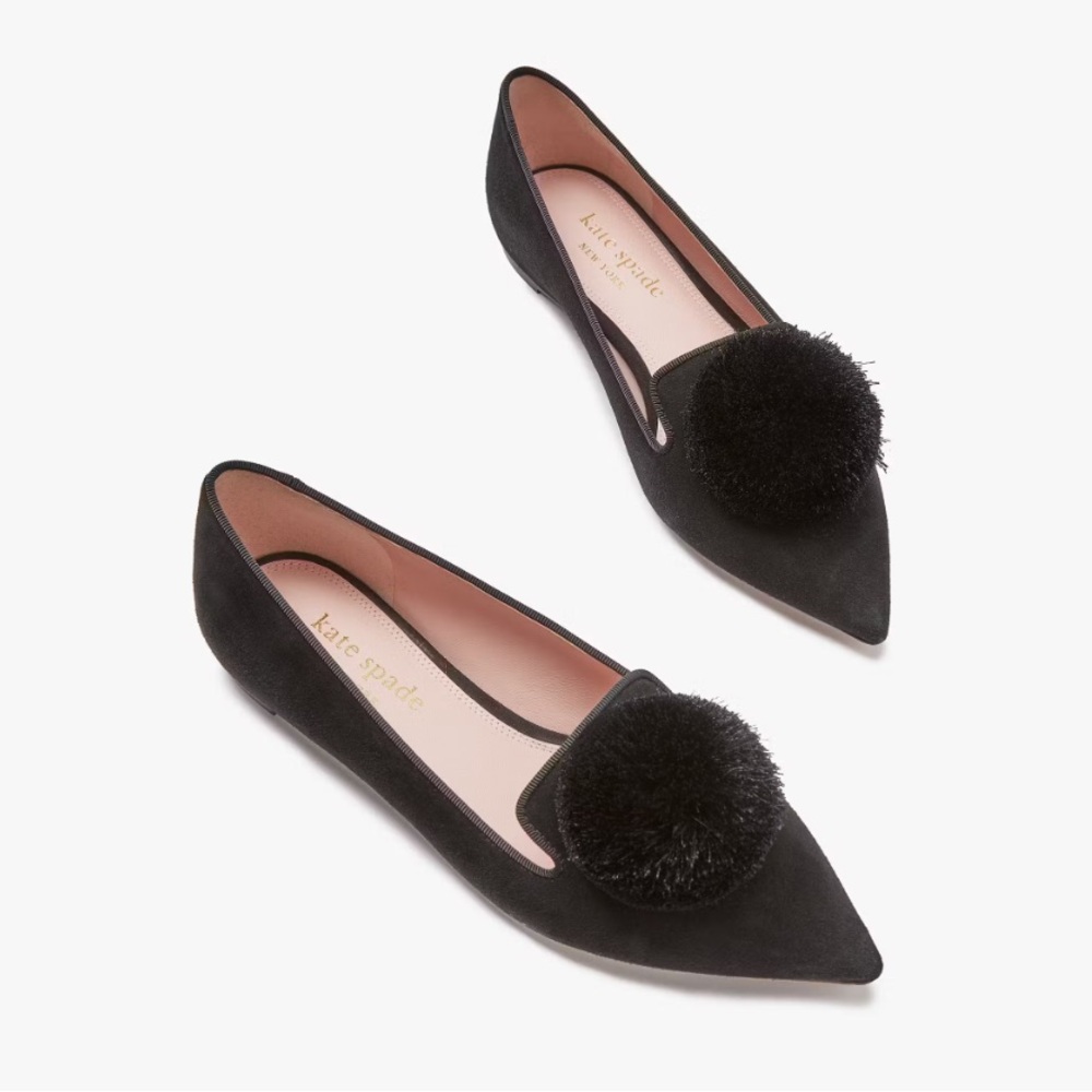 Kate Spade Women's Amour Pom Pom Pointed-Toe Slip-On Flats Black Size 7.5